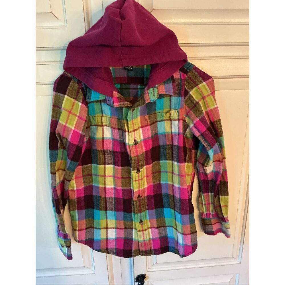 Lands End Girls Flannel Hoodie Button Down Sz L